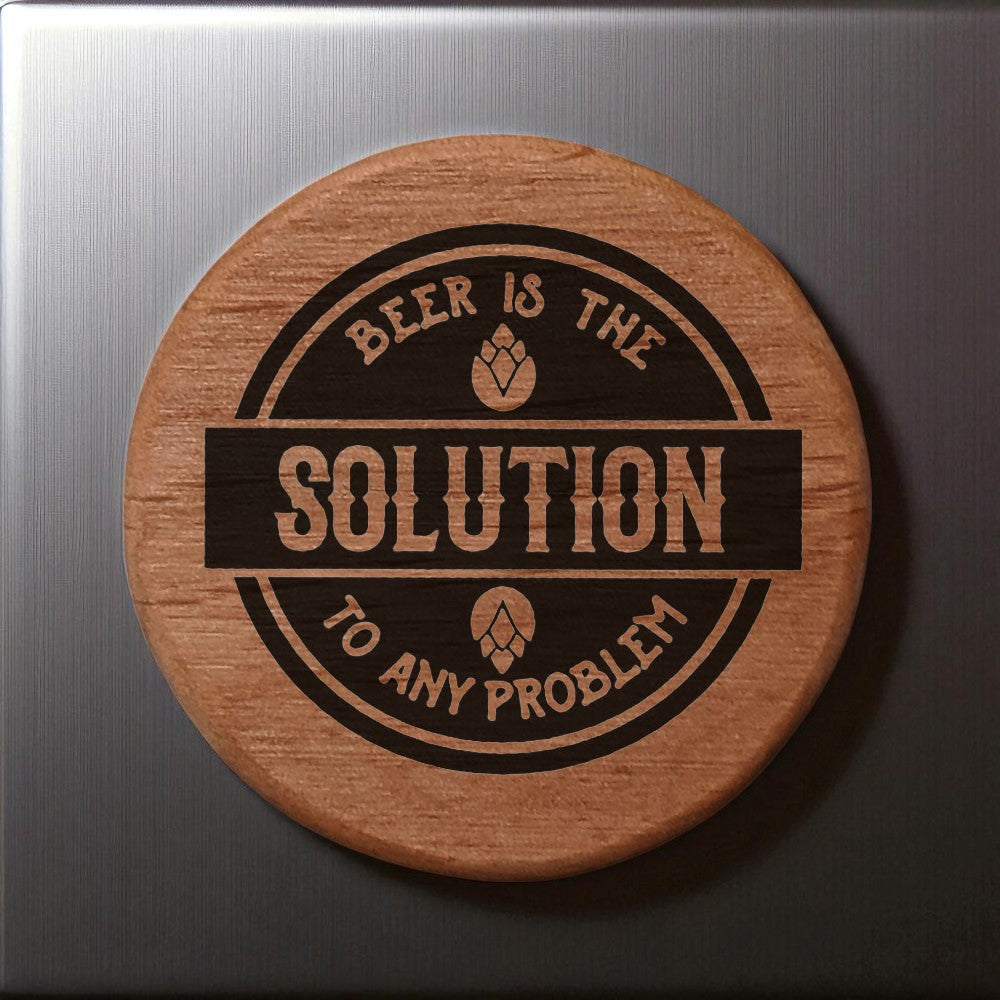 Alder Wood Bottle Opener 3" Round Magnetic Beer Opener with Metal Insert - Laser Engraved "Beer is the Solution" - Fridge Magnet for Kitchen BBQ Grill