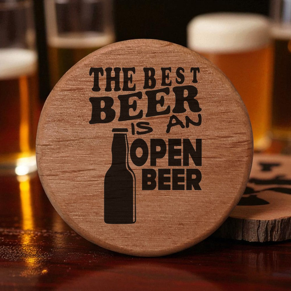 Alder Wood Bottle Opener - 3" Round Magnetic Beer Opener with Metal Insert & Rare Earth Magnets for Fridge, Kegerator, BBQ Grill - "Best Beer is Open Beer" Design