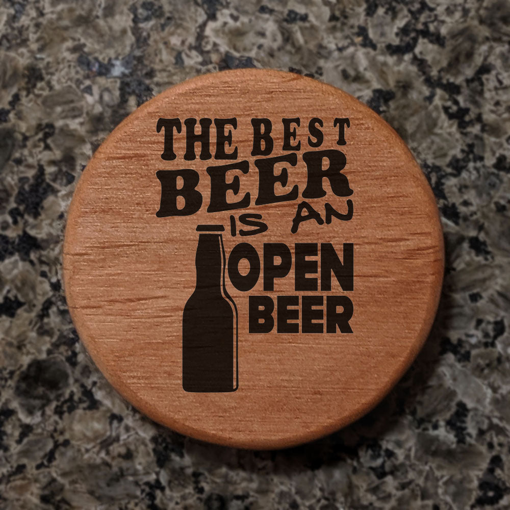 Alder Wood Bottle Opener - 3" Round Magnetic Beer Opener with Metal Insert & Rare Earth Magnets for Fridge, Kegerator, BBQ Grill - "Best Beer is Open Beer" Design