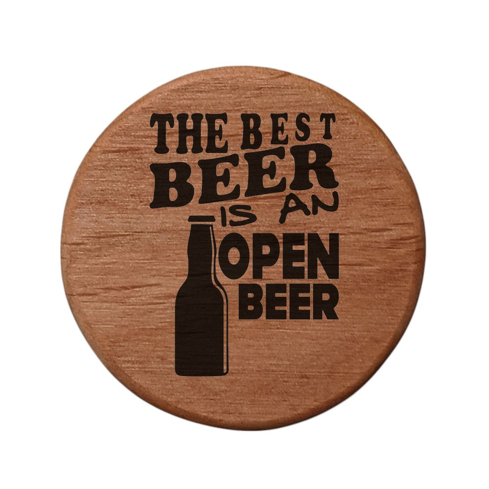 Alder Wood Bottle Opener - 3" Round Magnetic Beer Opener with Metal Insert & Rare Earth Magnets for Fridge, Kegerator, BBQ Grill - "Best Beer is Open Beer" Design