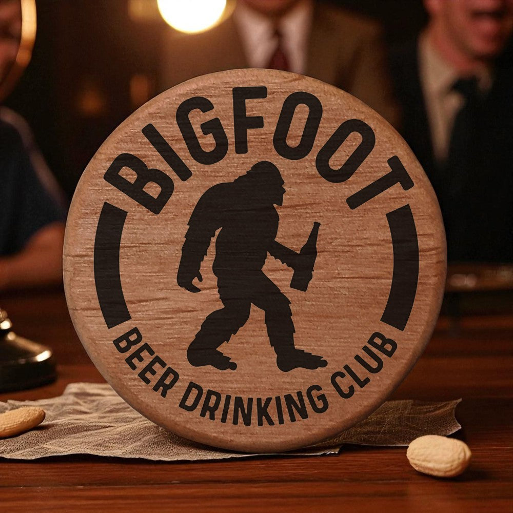 Bigfoot Beer Drinking Club Alder Wood Bottle Opener - 3" Round Magnetic Fridge Mount with Metal Insert - Perfect for Kitchen, BBQ Grill, Kegerator - Fun Sasquatch Design