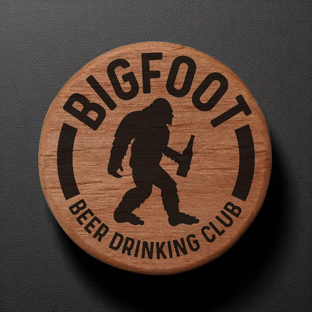 Bigfoot Beer Drinking Club Alder Wood Bottle Opener - 3" Round Magnetic Fridge Mount with Metal Insert - Perfect for Kitchen, BBQ Grill, Kegerator - Fun Sasquatch Design