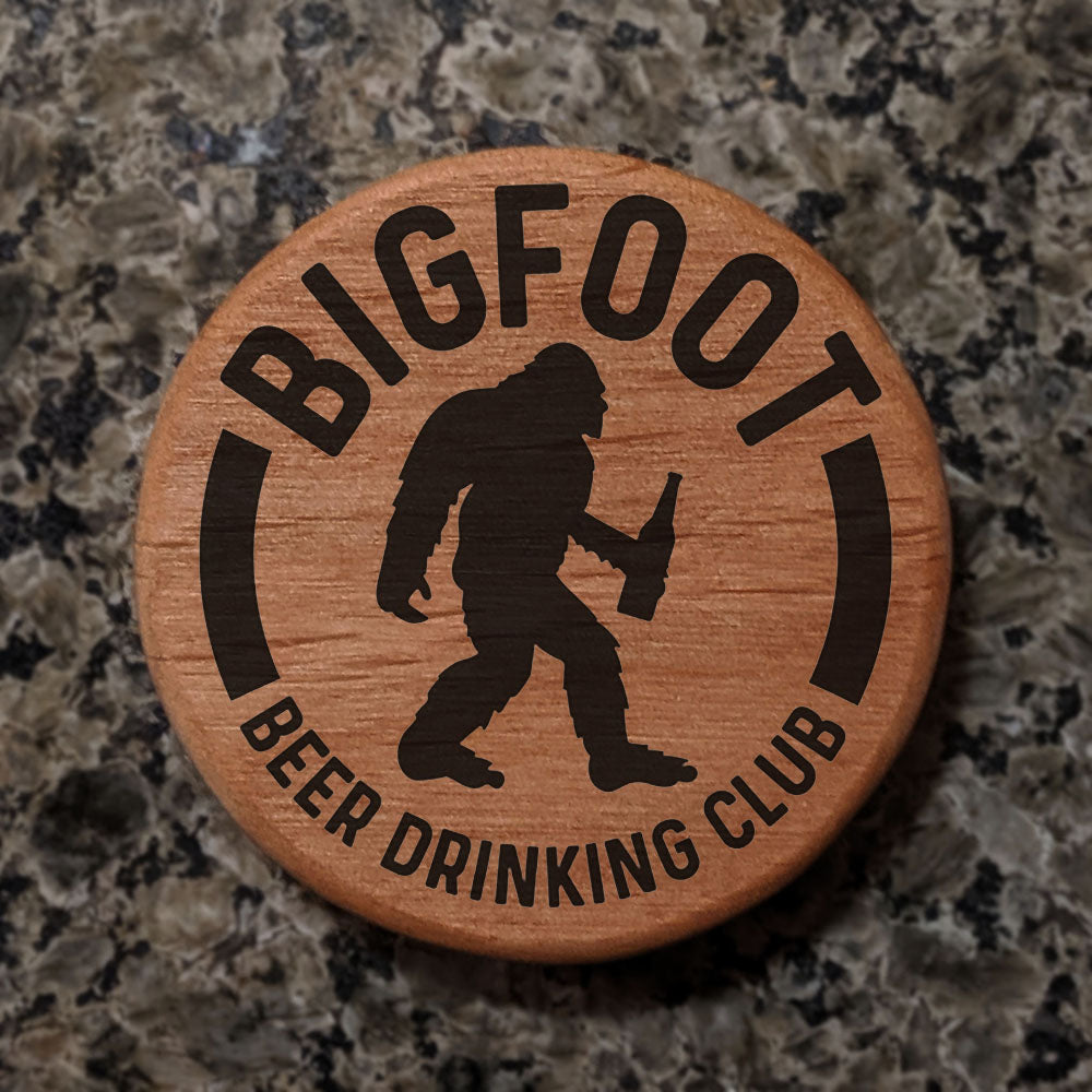 Bigfoot Beer Drinking Club Alder Wood Bottle Opener - 3" Round Magnetic Fridge Mount with Metal Insert - Perfect for Kitchen, BBQ Grill, Kegerator - Fun Sasquatch Design