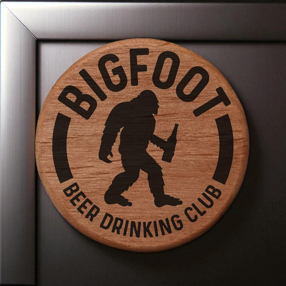 Bigfoot Beer Drinking Club Alder Wood Bottle Opener - 3" Round Magnetic Fridge Mount with Metal Insert - Perfect for Kitchen, BBQ Grill, Kegerator - Fun Sasquatch Design