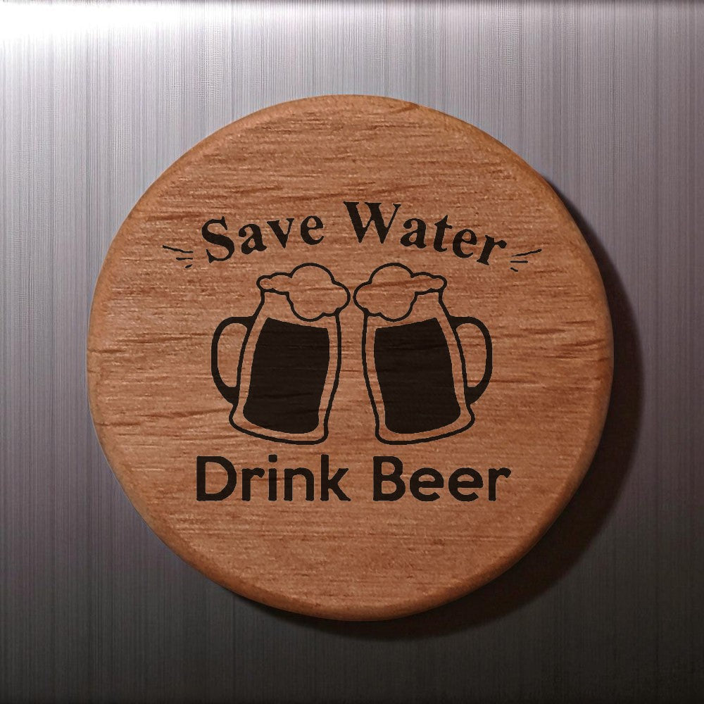 Alder Wood Bottle Opener - 3" Round Magnetic Beer Opener with Save Water Drink Beer Design - Fridge Magnet Bottle Opener for Kitchen BBQ Grill Kegerator Bar