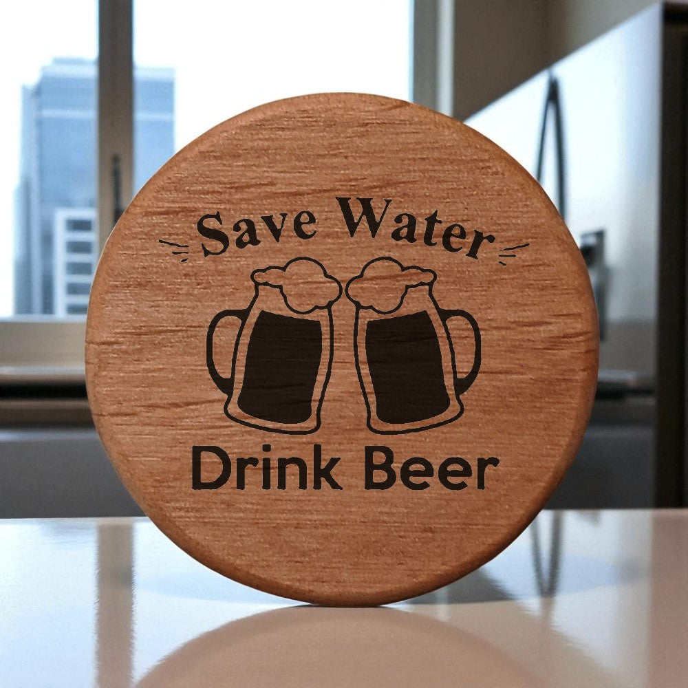 Alder Wood Bottle Opener - 3" Round Magnetic Beer Opener with Save Water Drink Beer Design - Fridge Magnet Bottle Opener for Kitchen BBQ Grill Kegerator Bar