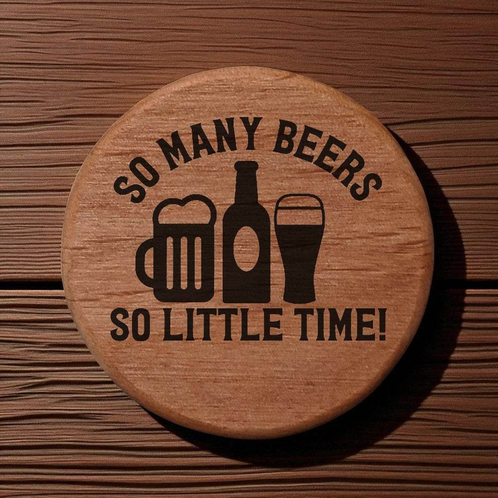 Alder Wood Bottle Opener - 3" Round Magnetic Beer Opener with Metal Insert & Rare Earth Magnets for Fridge, Kegerator, BBQ Grill - Laser Engraved "So Many Beers"