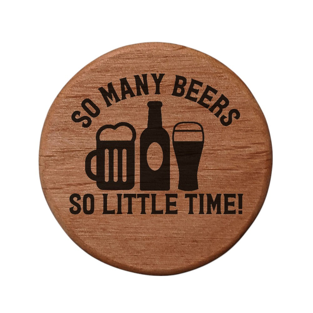 Alder Wood Bottle Opener - 3" Round Magnetic Beer Opener with Metal Insert & Rare Earth Magnets for Fridge, Kegerator, BBQ Grill - Laser Engraved "So Many Beers"