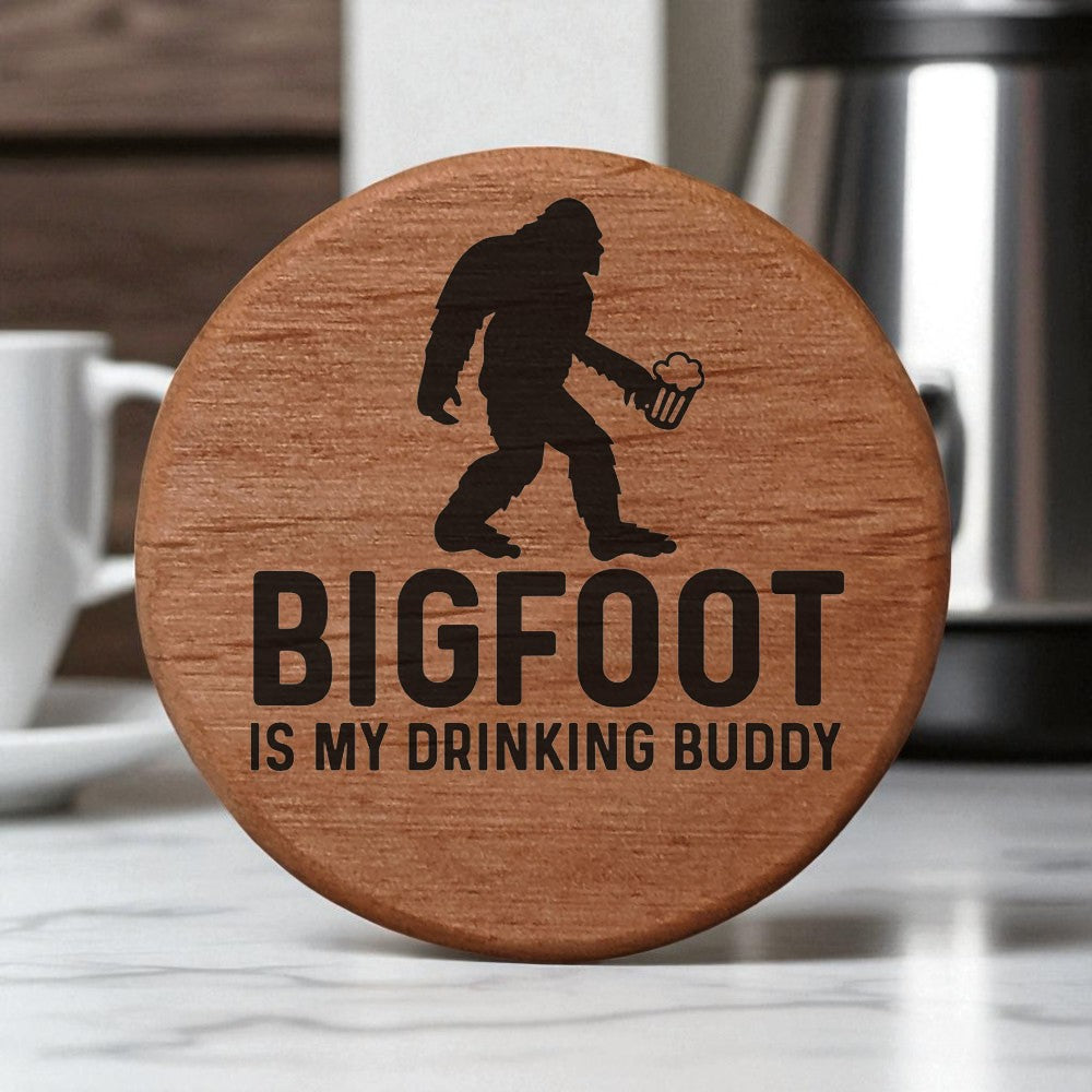 Bigfoot Drinking Buddy Wooden Bottle Opener - 3" Round Alder Wood with Magnets for Fridge, Kegerator, BBQ Grill - Laser Engraved Beer Opener Gift