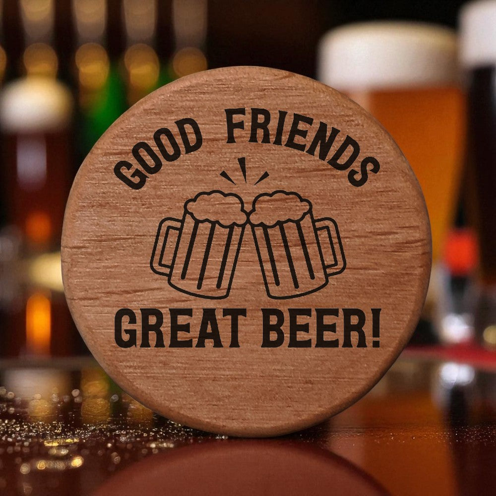 Alder Wood Bottle Opener - 3" Round Magnetic Beer Opener with Cheers Design - Good Friends Great Beer Engraved - Fridge Magnet for Kitchen BBQ Grill Kegerator