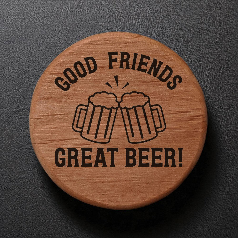 Alder Wood Bottle Opener - 3" Round Magnetic Beer Opener with Cheers Design - Good Friends Great Beer Engraved - Fridge Magnet for Kitchen BBQ Grill Kegerator
