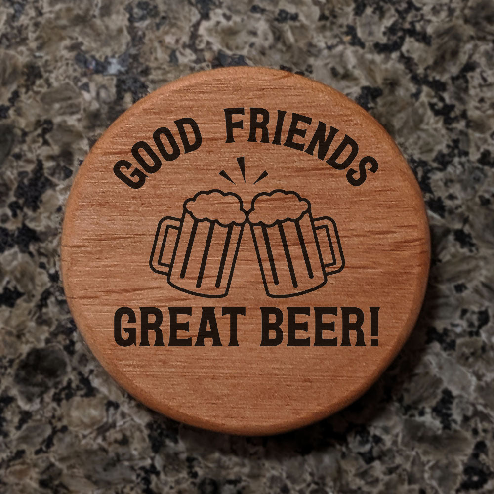 Alder Wood Bottle Opener - 3" Round Magnetic Beer Opener with Cheers Design - Good Friends Great Beer Engraved - Fridge Magnet for Kitchen BBQ Grill Kegerator