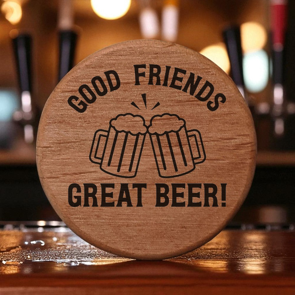 Alder Wood Bottle Opener - 3" Round Magnetic Beer Opener with Cheers Design - Good Friends Great Beer Engraved - Fridge Magnet for Kitchen BBQ Grill Kegerator
