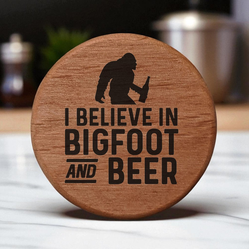 Bigfoot Beer Bottle Opener - 3" Round Alder Wood with Magnets for Fridge, Kegerator, BBQ Grill - Laser Engraved "I Believe in Bigfoot and Beer" - Funny Gift