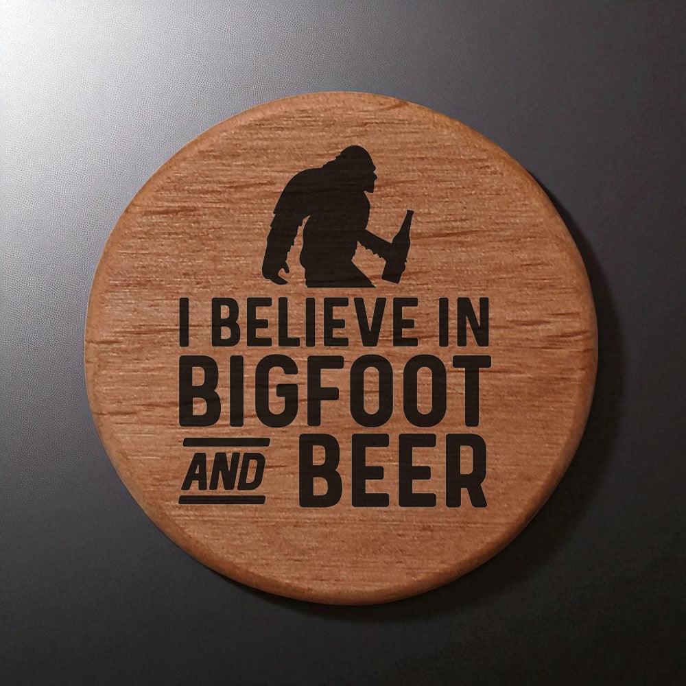 Bigfoot Beer Bottle Opener - 3" Round Alder Wood with Magnets for Fridge, Kegerator, BBQ Grill - Laser Engraved "I Believe in Bigfoot and Beer" - Funny Gift