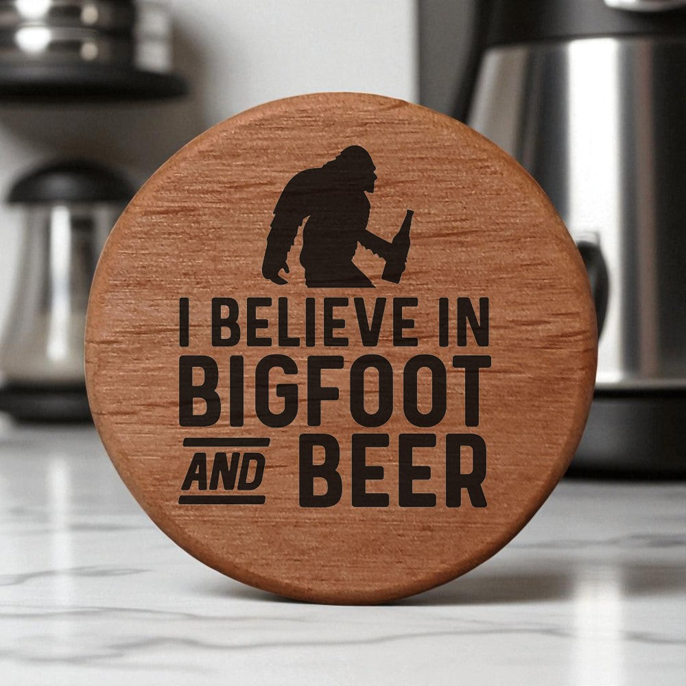 Bigfoot Beer Bottle Opener - 3" Round Alder Wood with Magnets for Fridge, Kegerator, BBQ Grill - Laser Engraved "I Believe in Bigfoot and Beer" - Funny Gift