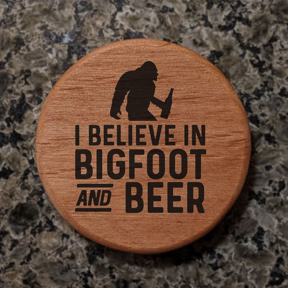 Bigfoot Beer Bottle Opener - 3" Round Alder Wood with Magnets for Fridge, Kegerator, BBQ Grill - Laser Engraved "I Believe in Bigfoot and Beer" - Funny Gift