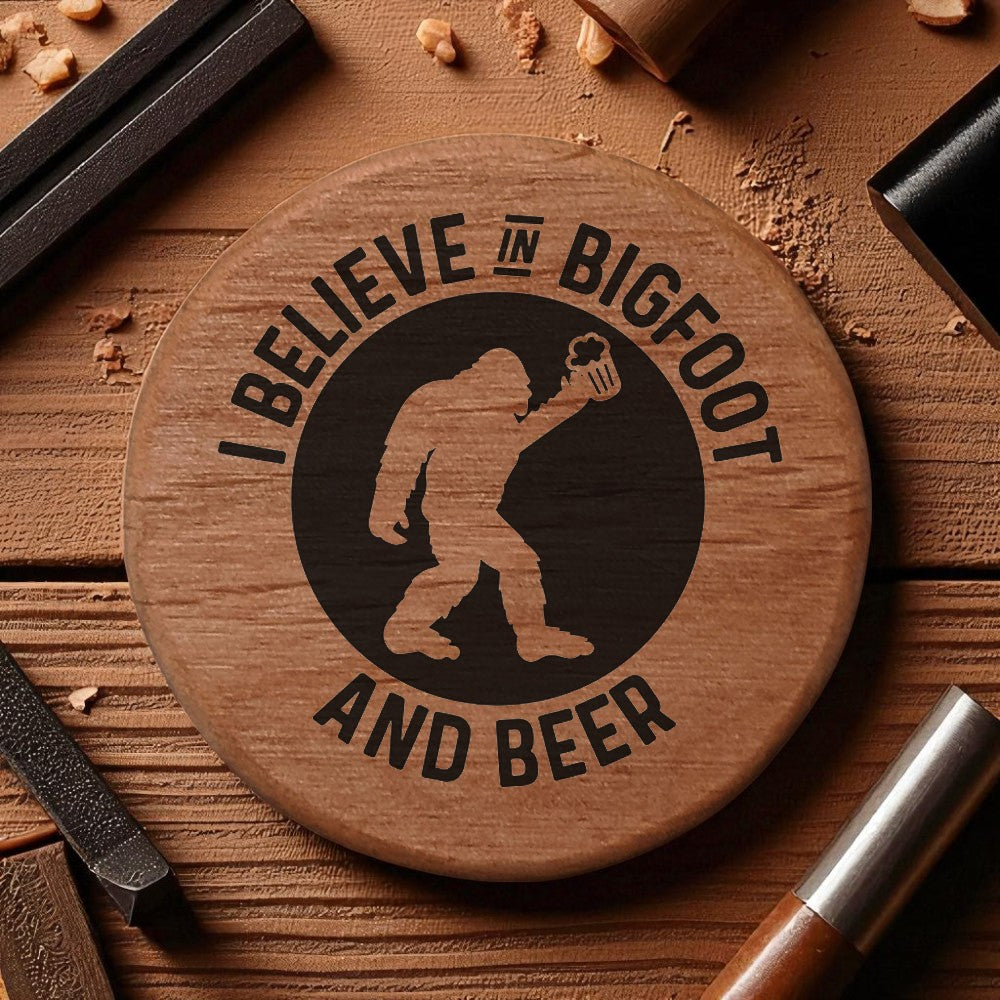 Bigfoot Beer Bottle Opener - 3" Round Alder Wood with Magnets for Fridge, Kegerator, BBQ Grill - Laser Engraved "I Believe in Bigfoot and Beer" Design - Perfect Gift