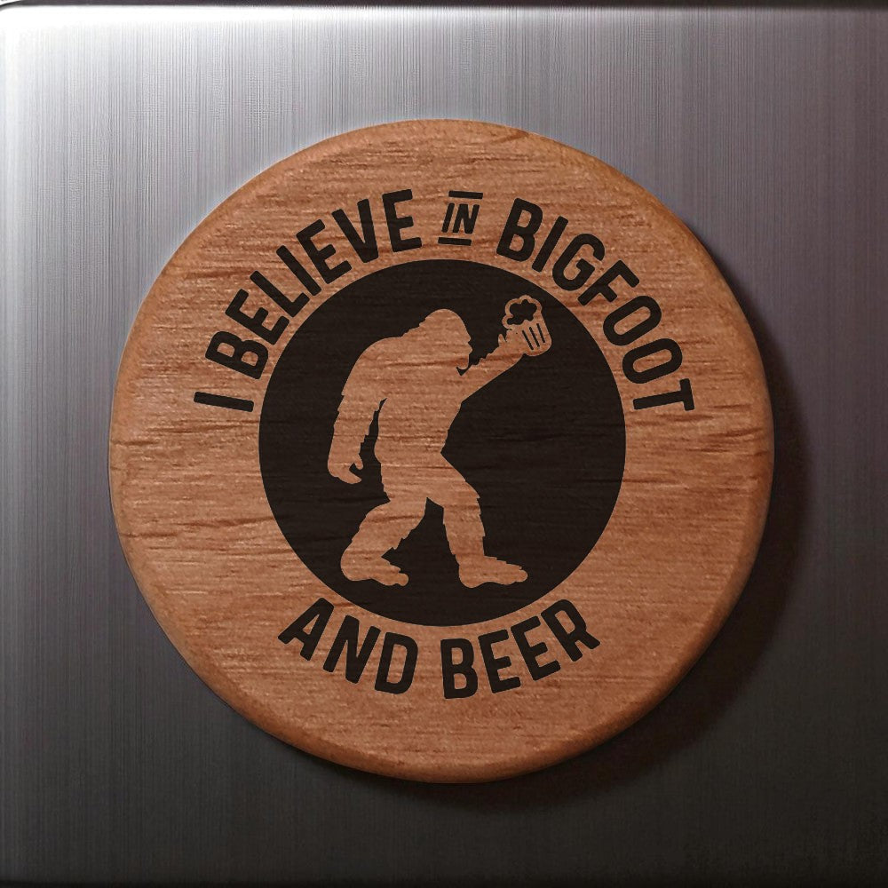 Bigfoot Beer Bottle Opener - 3" Round Alder Wood with Magnets for Fridge, Kegerator, BBQ Grill - Laser Engraved "I Believe in Bigfoot and Beer" Design - Perfect Gift