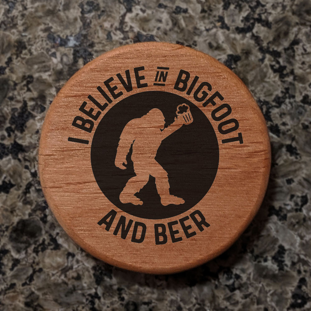 Bigfoot Beer Bottle Opener - 3" Round Alder Wood with Magnets for Fridge, Kegerator, BBQ Grill - Laser Engraved "I Believe in Bigfoot and Beer" Design - Perfect Gift