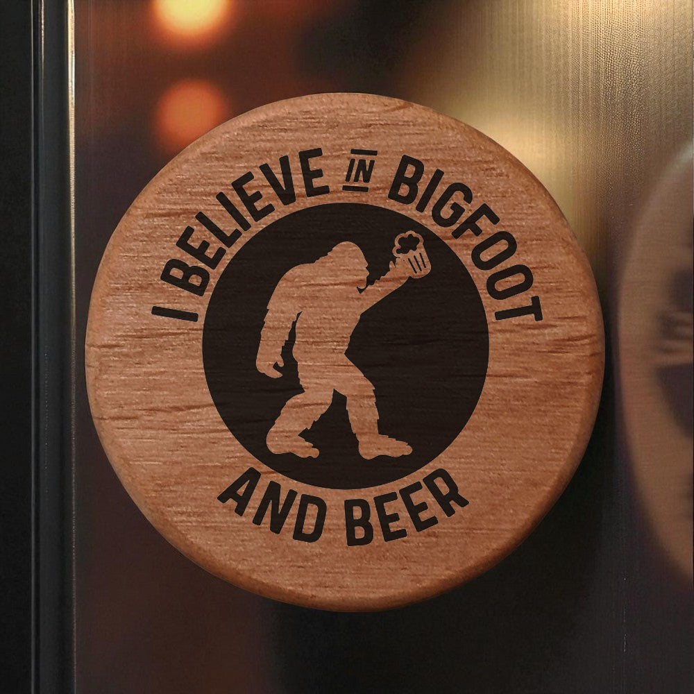 Bigfoot Beer Bottle Opener - 3" Round Alder Wood with Magnets for Fridge, Kegerator, BBQ Grill - Laser Engraved "I Believe in Bigfoot and Beer" Design - Perfect Gift