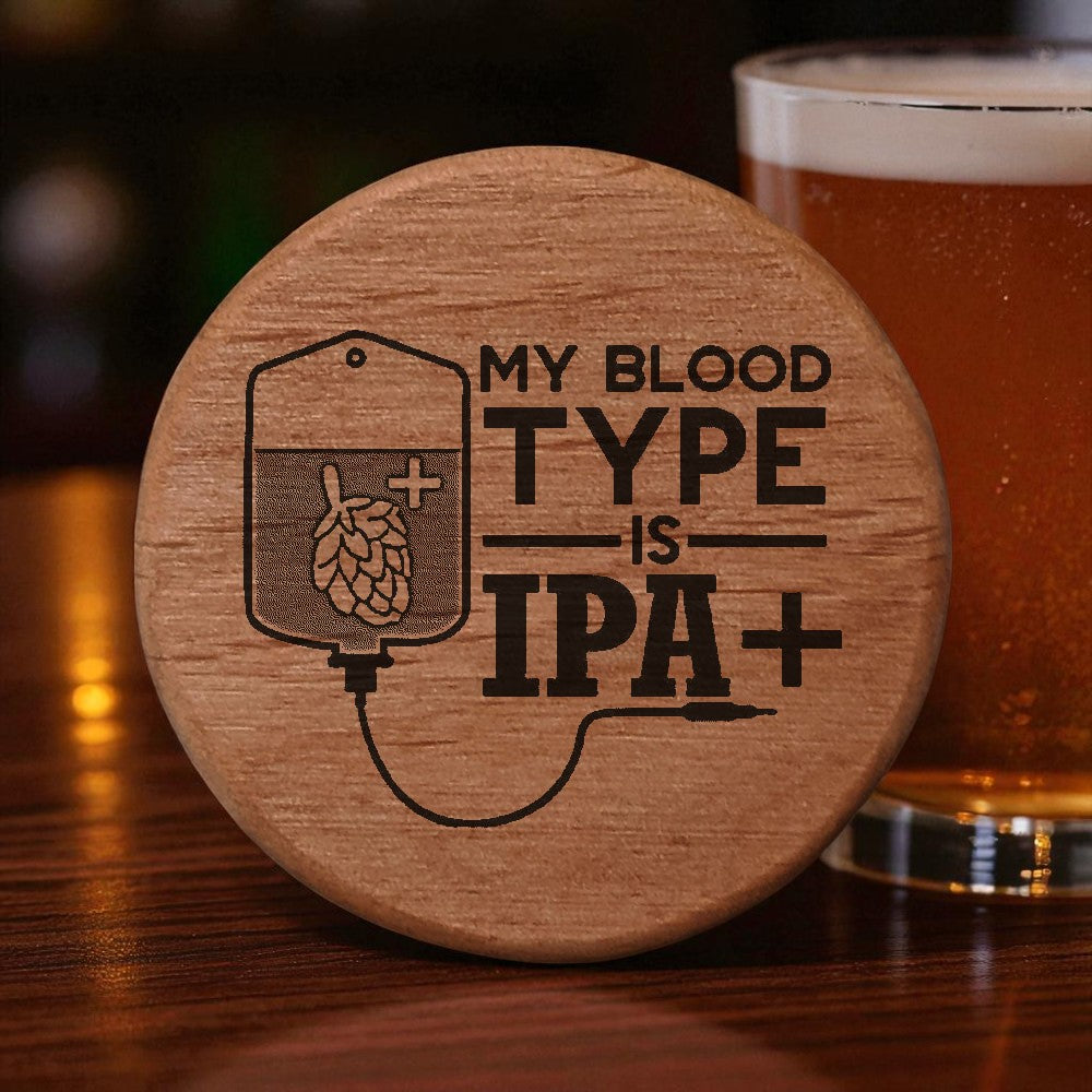 Alder Wood Bottle Opener - 3" Round Magnetic Beer Opener with IPA+ Blood Type Design - Fridge Magnet Bottle Opener for Kitchen Bar BBQ Grill - Funny Beer Gift