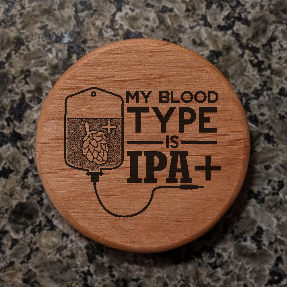 Alder Wood Bottle Opener - 3" Round Magnetic Beer Opener with IPA+ Blood Type Design - Fridge Magnet Bottle Opener for Kitchen Bar BBQ Grill - Funny Beer Gift