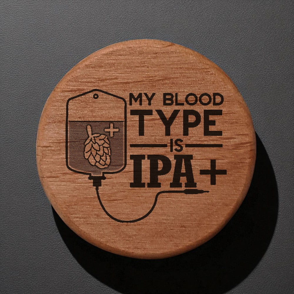 Alder Wood Bottle Opener - 3" Round Magnetic Beer Opener with IPA+ Blood Type Design - Fridge Magnet Bottle Opener for Kitchen Bar BBQ Grill - Funny Beer Gift