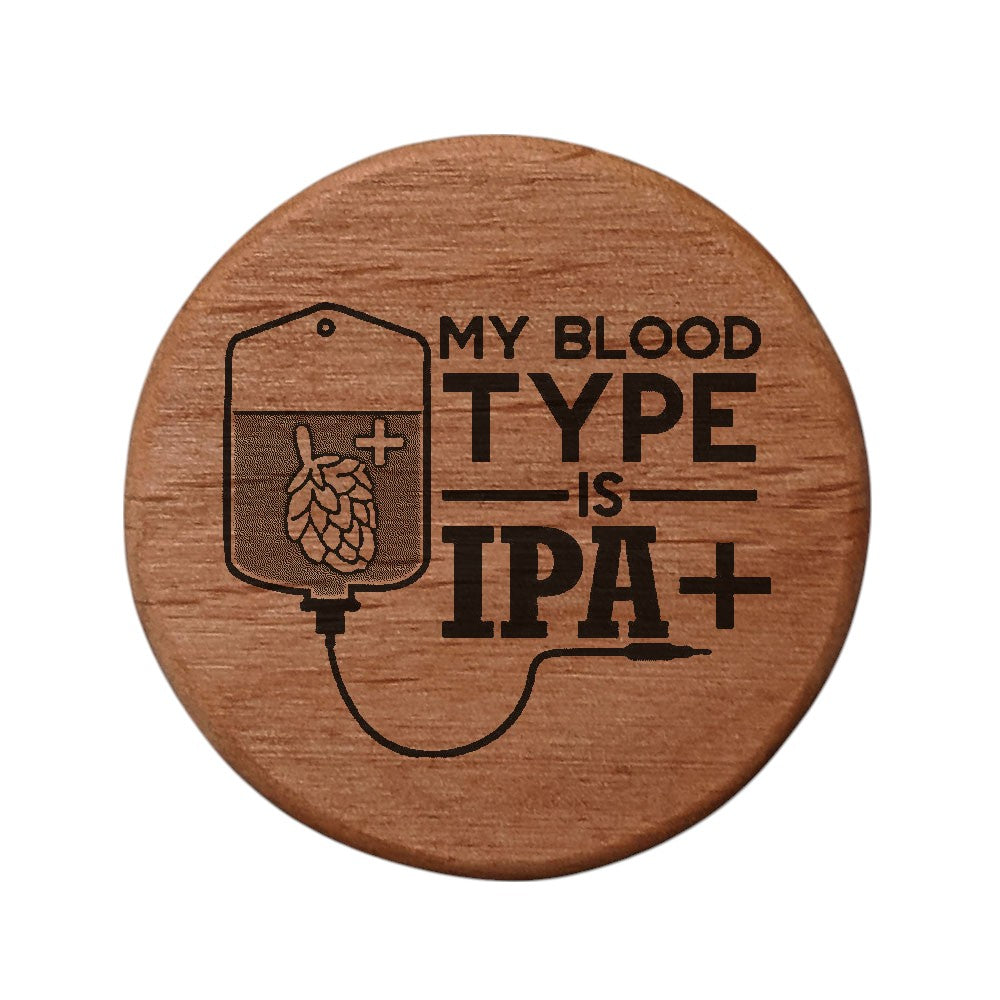 Alder Wood Bottle Opener - 3" Round Magnetic Beer Opener with IPA+ Blood Type Design - Fridge Magnet Bottle Opener for Kitchen Bar BBQ Grill - Funny Beer Gift