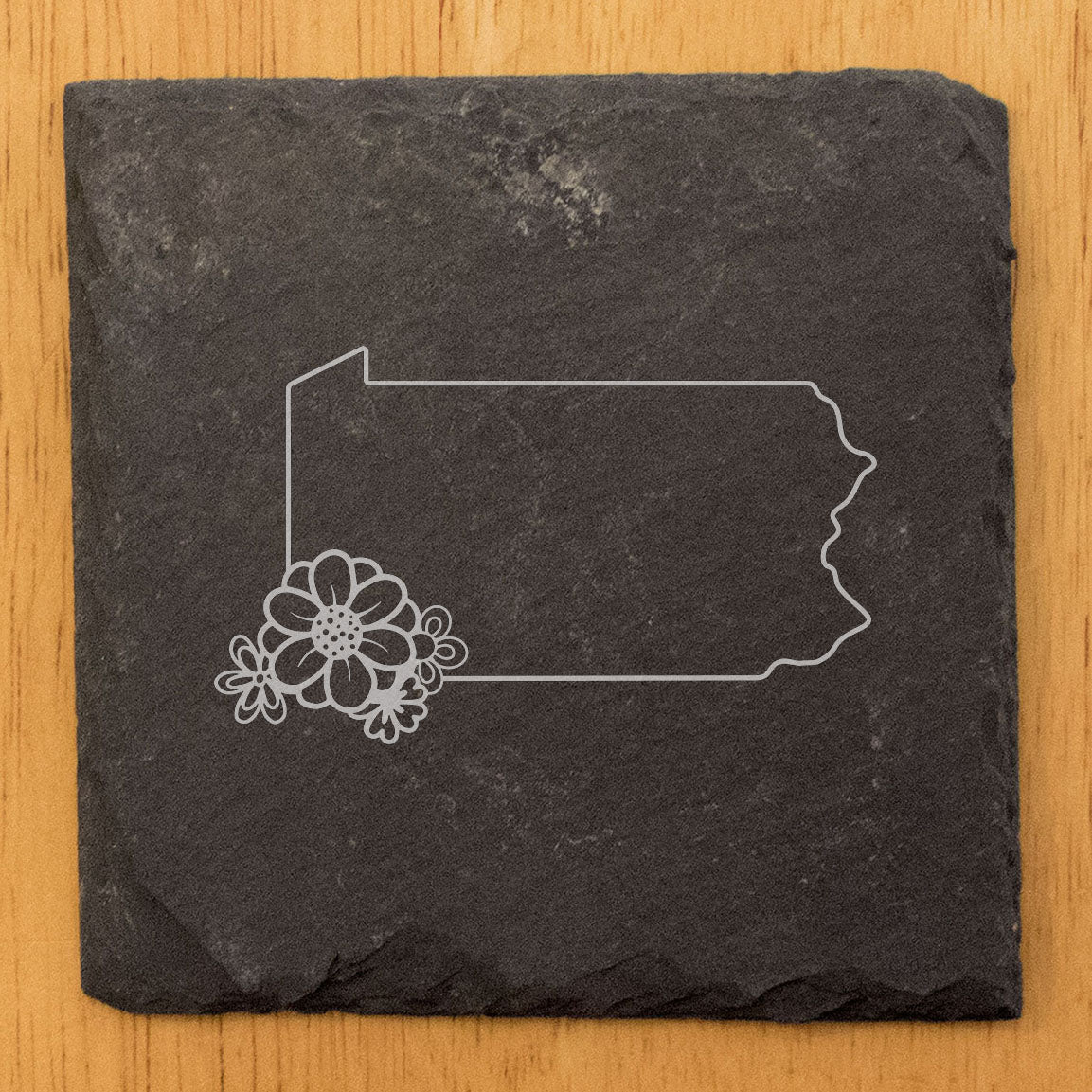 Rustic Slate Coasters Set of 4 - Pennsylvania State Outline Design with Flower | 4" Round or Square | Natural Chipped Edge, Rubber Feet | Perfect Gift for Holidays, Birthdays | Made in Oregon, USA