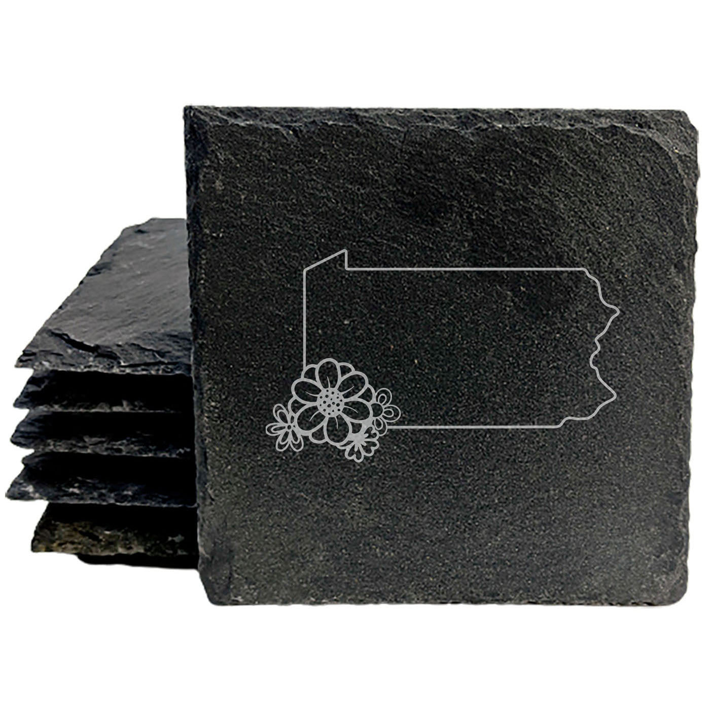 Rustic Slate Coasters Set of 4 - Pennsylvania State Outline Design with Flower | 4" Round or Square | Natural Chipped Edge, Rubber Feet | Perfect Gift for Holidays, Birthdays | Made in Oregon, USA