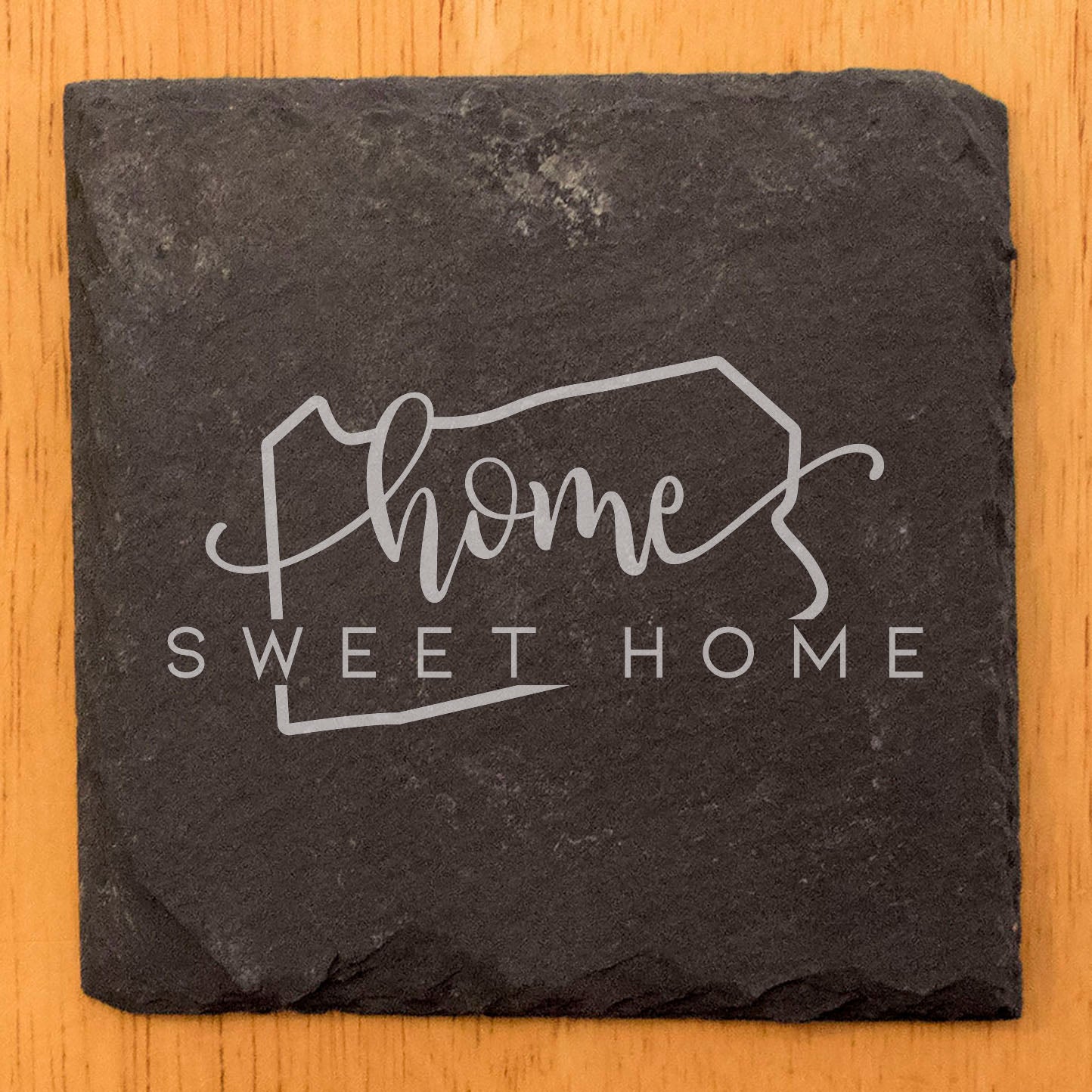 Rustic Slate Coasters Set of 4, Round 4" with 'Home Sweet Home' Pennsylvania Design, Perfect Gift for Holidays, Birthdays, Housewarming, She-Shed, Man Cave, Made in Oregon, USA, Natural Edge