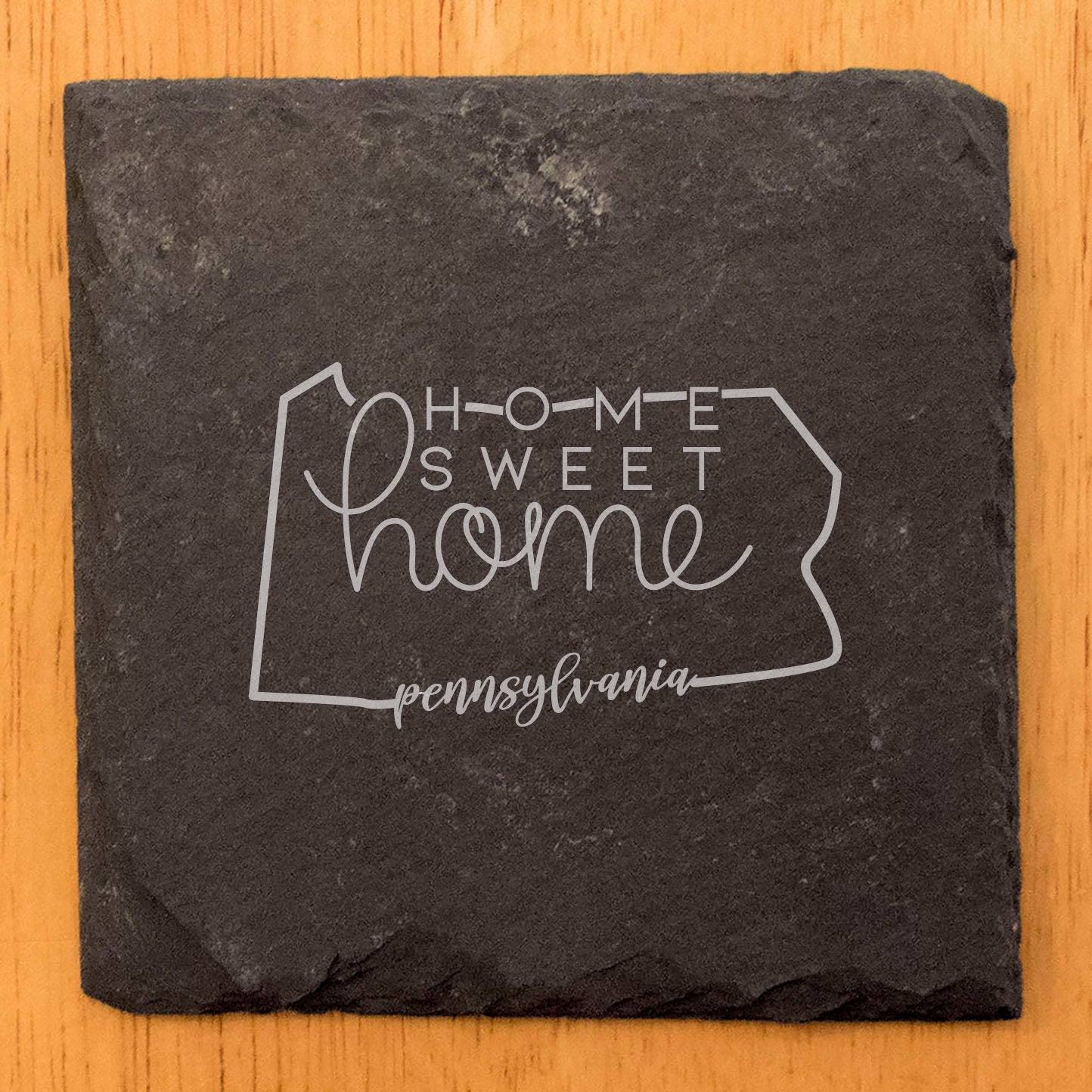 Rustic Slate Coasters Set of 4, 4" Round, Laser Etched Pennsylvania Design, 'Home Sweet Home', Perfect Gift for Holidays, Birthdays, Housewarming, Made in Oregon, USA, Natural Chipped Edge
