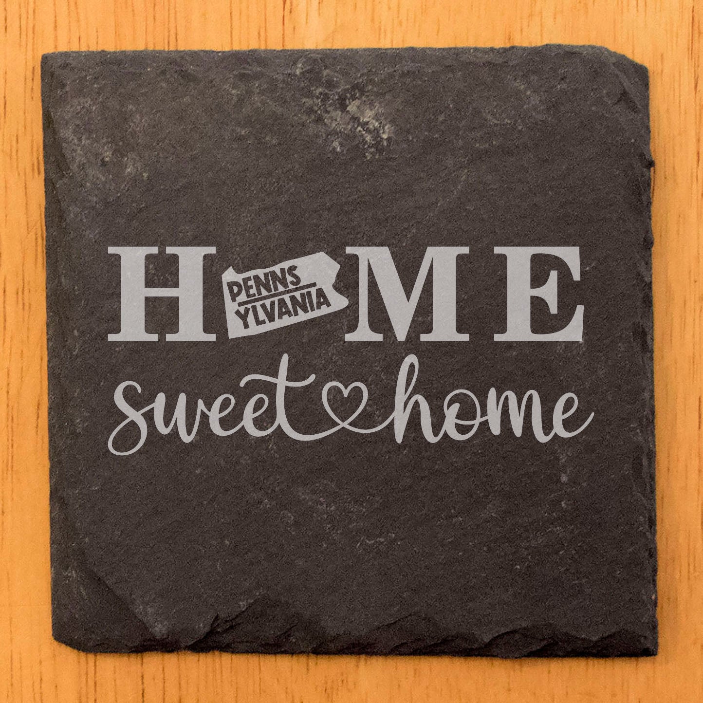 Rustic Slate Coasters Set of 4, Round 4" with 'HOME SWEET HOME' Design, Perfect Gift for Holidays, Birthdays, Housewarming, She-Shed, Man Cave, Made in Oregon, USA, Natural Chipped Edge, Rubber Feet