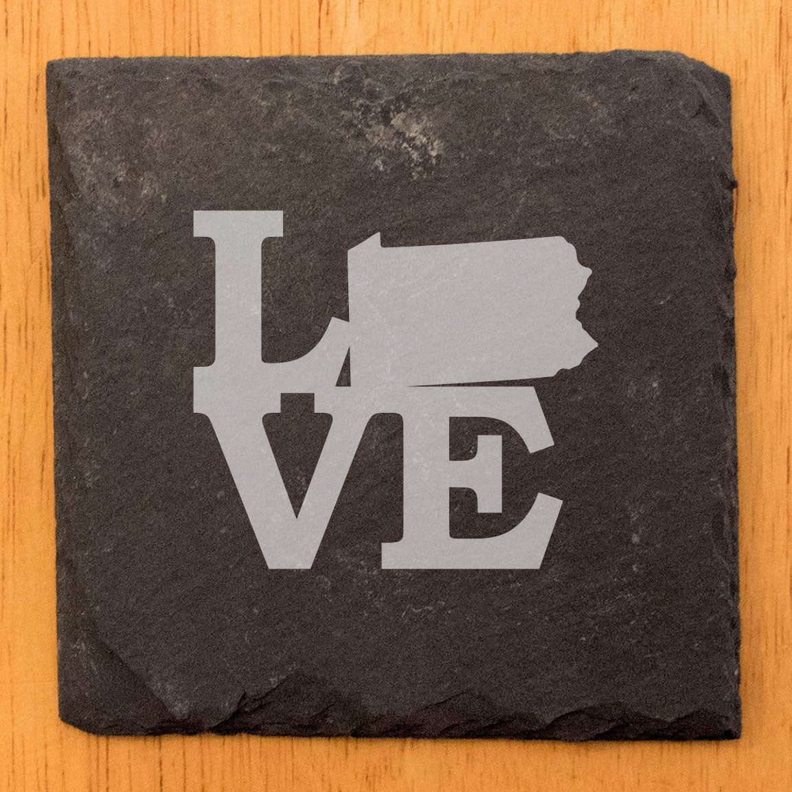 Rustic Slate Coasters Set of 4, Round 4" with 'LOVE' Pennsylvania Design, Perfect Gift for Holidays, Birthdays, Housewarming, She-Shed, Man Cave, Made in Oregon, USA, Natural Chipped Edge