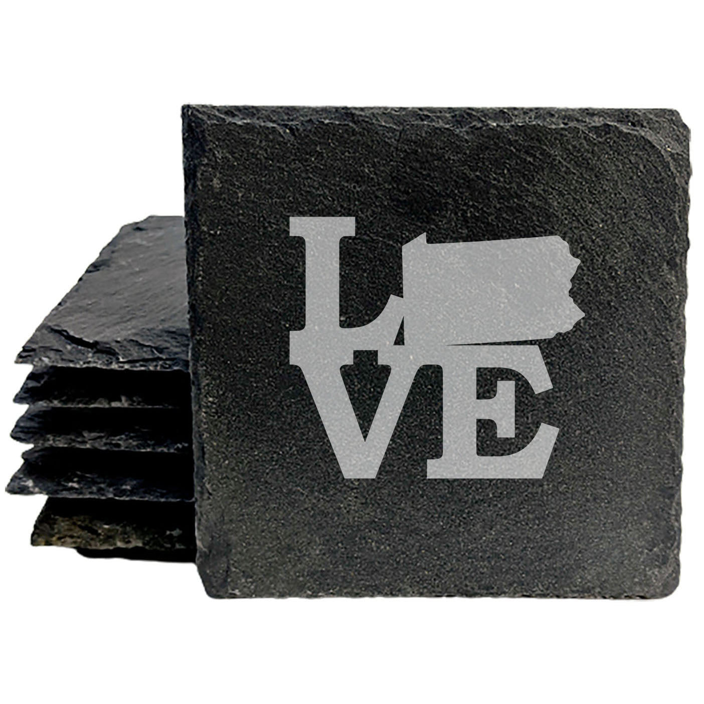 Rustic Slate Coasters Set of 4, Round 4" with 'LOVE' Pennsylvania Design, Perfect Gift for Holidays, Birthdays, Housewarming, She-Shed, Man Cave, Made in Oregon, USA, Natural Chipped Edge