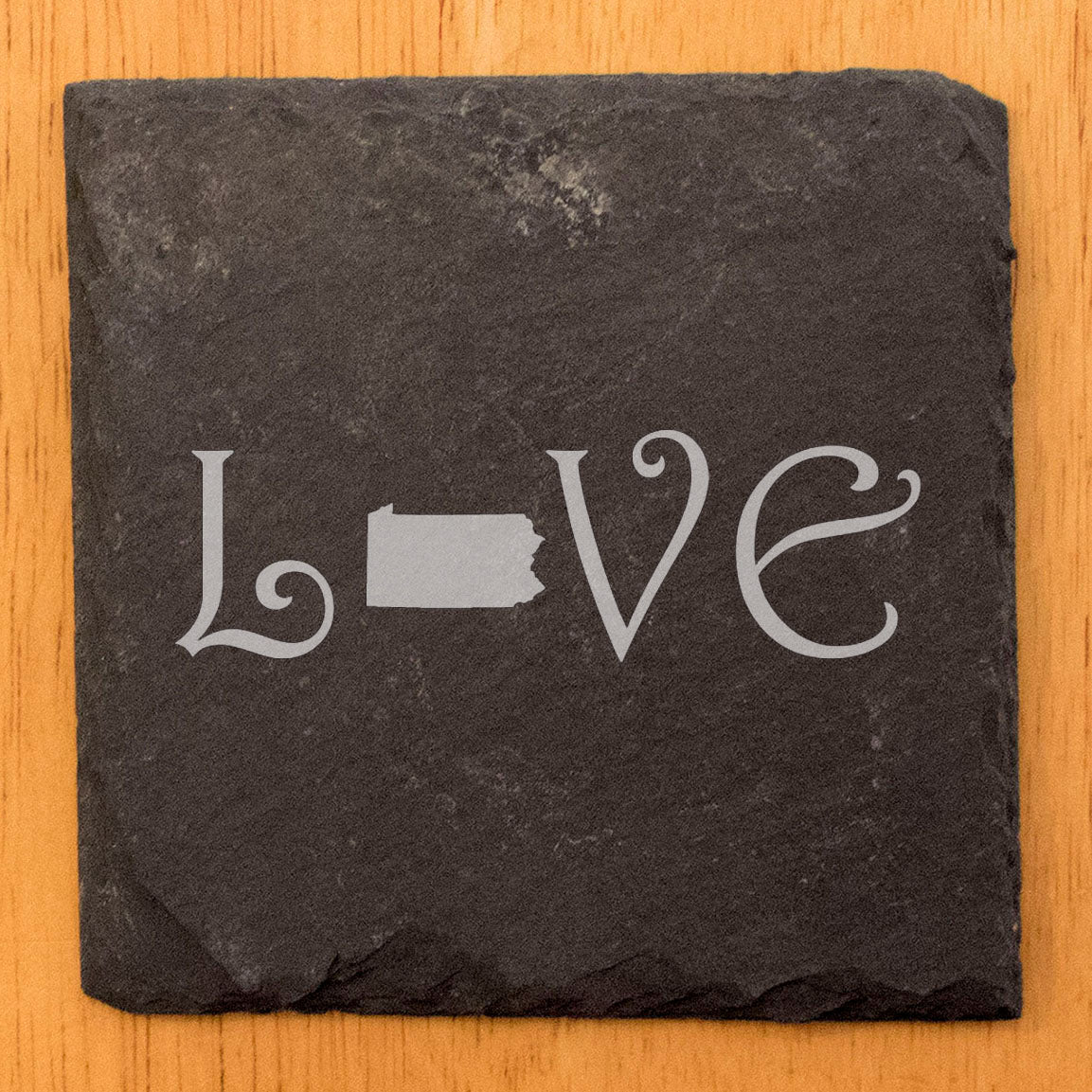 Rustic Slate Coasters Set of 4, Square 4" with 'LOVE' Pennsylvania Design, Laser Etched, Natural Chipped Edge, Rubber Feet, , Perfect for Holidays, Birthdays, Housewarming, USA Made
