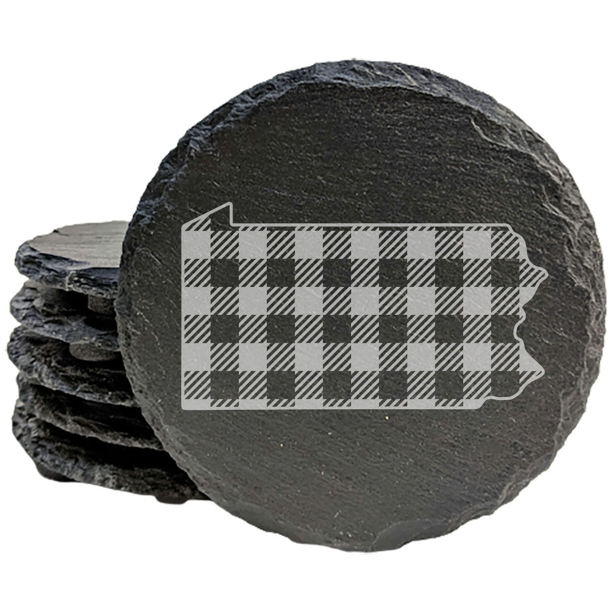 Rustic Slate Coasters Set of 4, Round 4" with Pennsylvania Plaid Design, Perfect for Holidays, Birthdays, Housewarming Gifts, She-Shed or Man Cave, Made in Oregon, USA, Natural Chipped Edge
