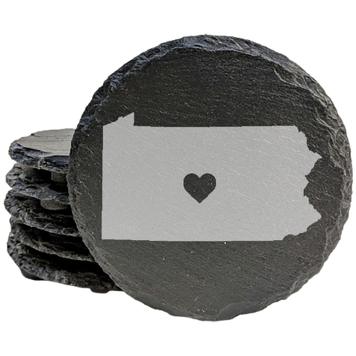 Rustic Slate Coasters Set of 4, Round 4" with Pennsylvania Heart Design, Laser Etched, Perfect Gift for Holidays, Birthdays, Housewarming, She-Shed, Man Cave, Made in Oregon, USA, Natural Edge