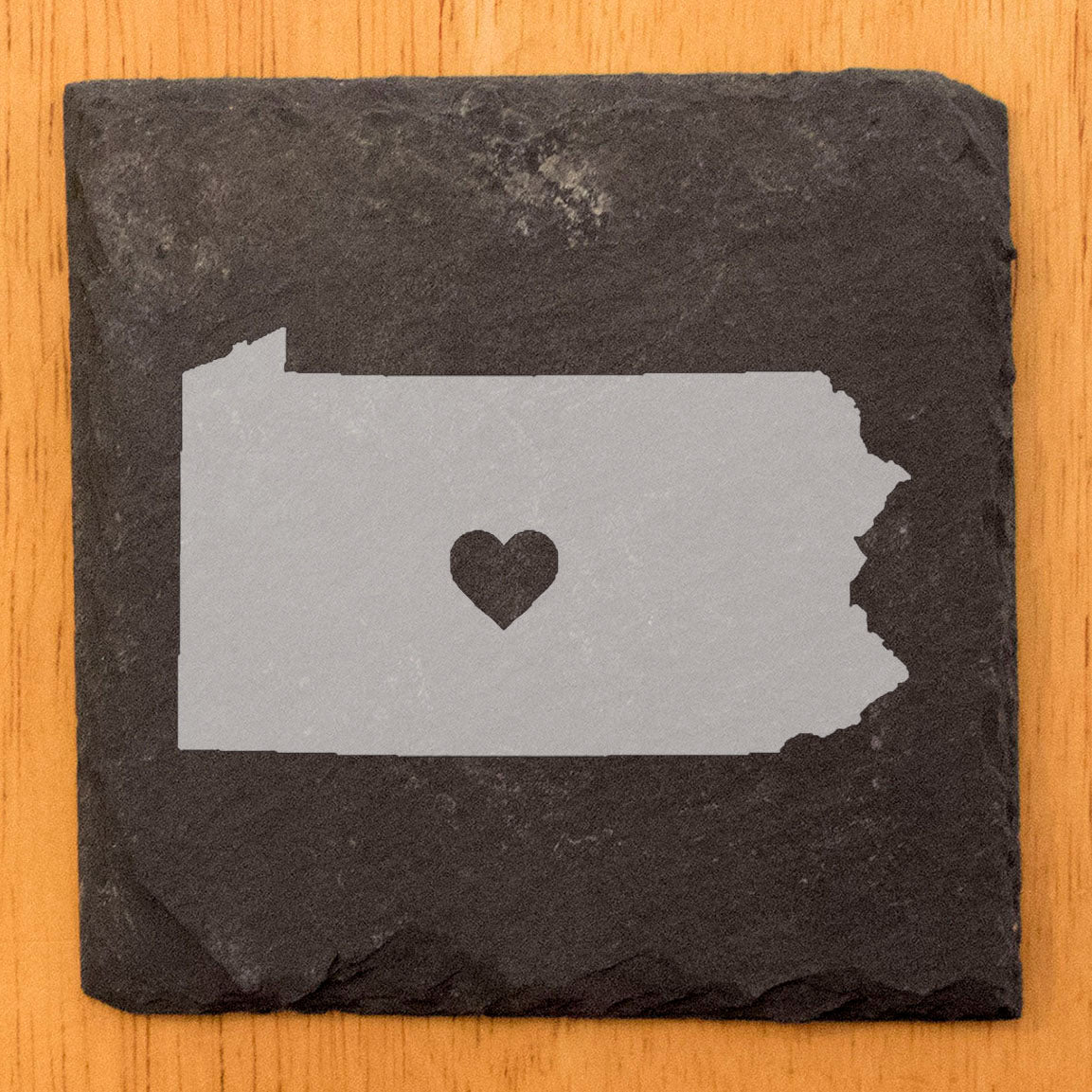 Rustic Slate Coasters Set of 4, Round 4" with Pennsylvania Heart Design, Laser Etched, Perfect Gift for Holidays, Birthdays, Housewarming, She-Shed, Man Cave, Made in Oregon, USA, Natural Edge