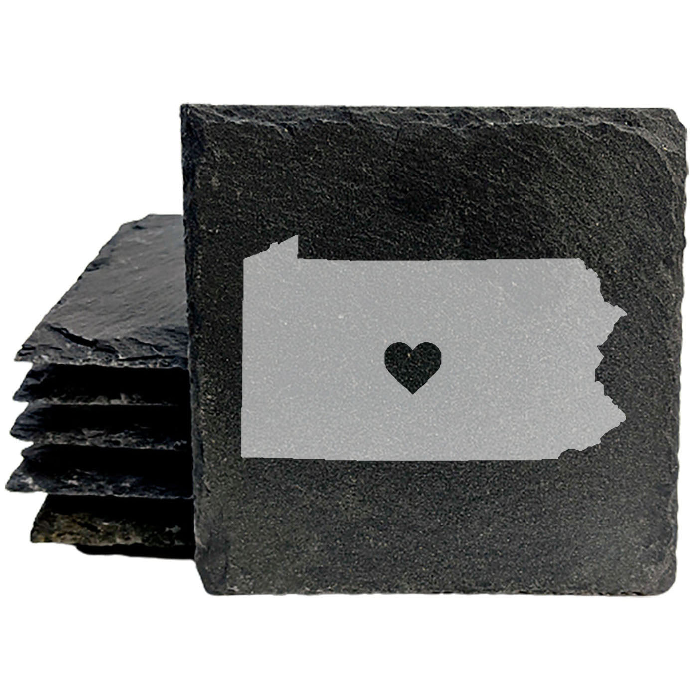 Rustic Slate Coasters Set of 4, Round 4" with Pennsylvania Heart Design, Laser Etched, Perfect Gift for Holidays, Birthdays, Housewarming, She-Shed, Man Cave, Made in Oregon, USA, Natural Edge