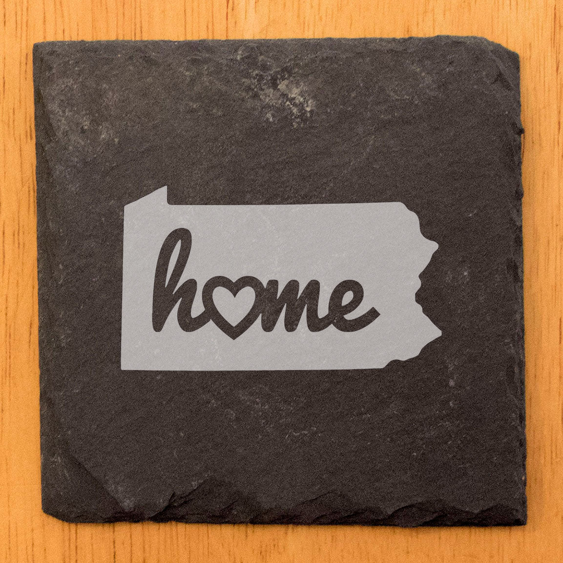Rustic Slate Coasters Set of 4, Round 4" with Pennsylvania 'Home' Heart Design, Perfect for Holidays, Birthdays, Housewarming, She-Shed, Man Cave, Made in Oregon, USA,