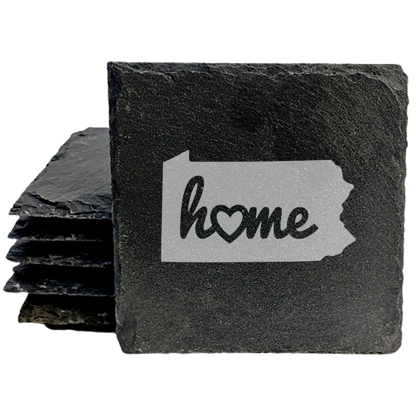 Rustic Slate Coasters Set of 4, Round 4" with Pennsylvania 'Home' Heart Design, Perfect for Holidays, Birthdays, Housewarming, She-Shed, Man Cave, Made in Oregon, USA,