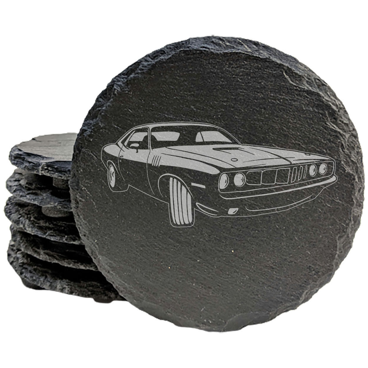 1970 Plymouth Barracuda Design Rustic Gray Slate Coasters Set of 4 Laser Etched Perfect Gift for Holidays Birthdays Housewarming She-Shed Man Cave Made in Oregon USA Natural Chipped Edge Rubber Feet