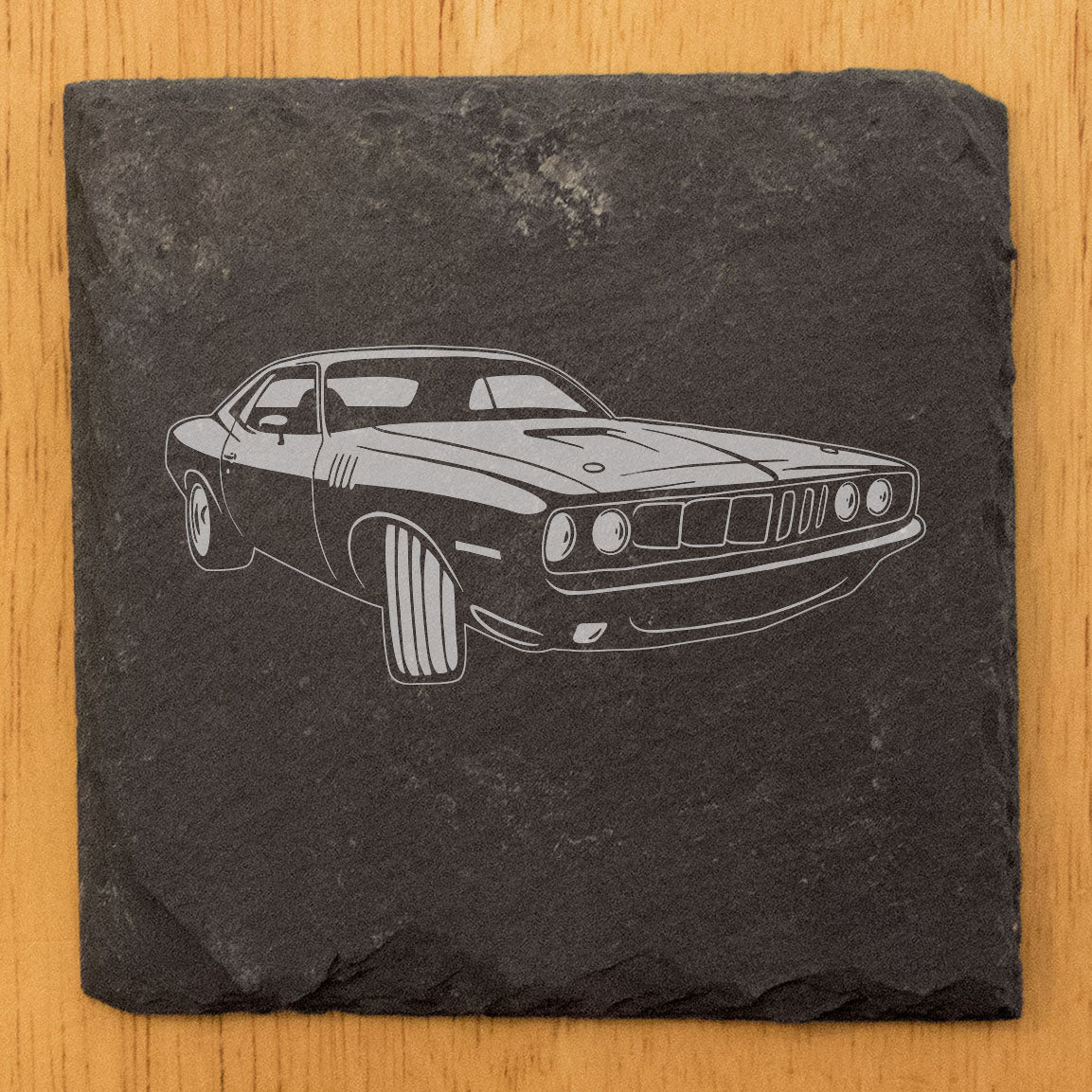 1970 Plymouth Barracuda Design Rustic Gray Slate Coasters Set of 4 Laser Etched Perfect Gift for Holidays Birthdays Housewarming She-Shed Man Cave Made in Oregon USA Natural Chipped Edge Rubber Feet
