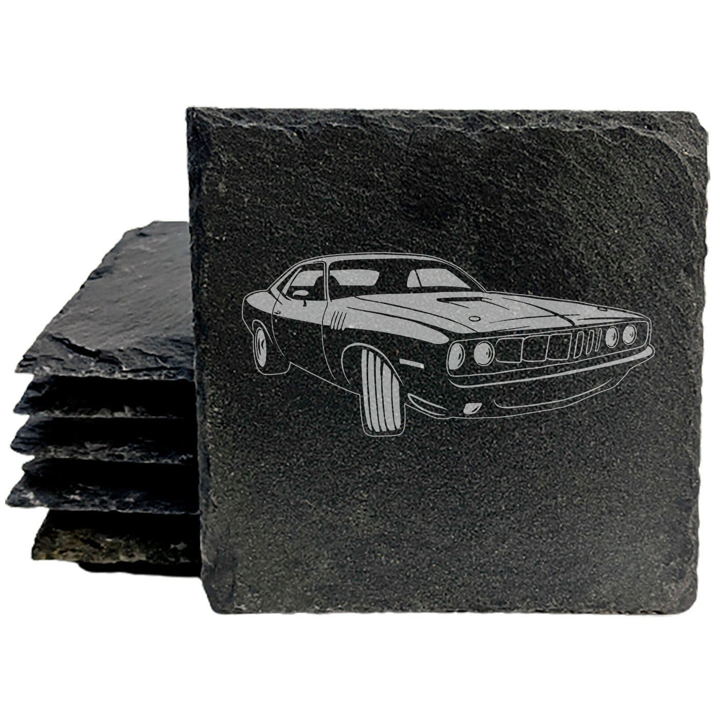 1970 Plymouth Barracuda Design Rustic Gray Slate Coasters Set of 4 Laser Etched Perfect Gift for Holidays Birthdays Housewarming She-Shed Man Cave Made in Oregon USA Natural Chipped Edge Rubber Feet