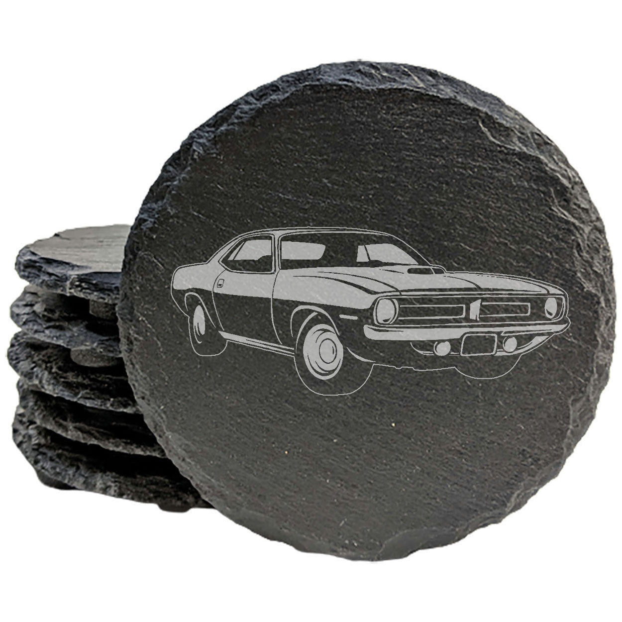 Rustic Slate Coasters Set with Laser-Etched Plymouth Barracuda Design - Home Decor Drink Mats for Car Enthusiasts