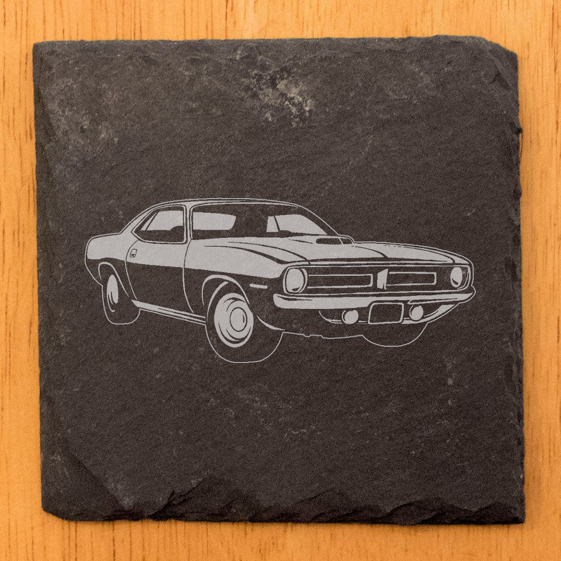 Rustic Slate Coasters Set with Laser-Etched Plymouth Barracuda Design - Home Decor Drink Mats for Car Enthusiasts