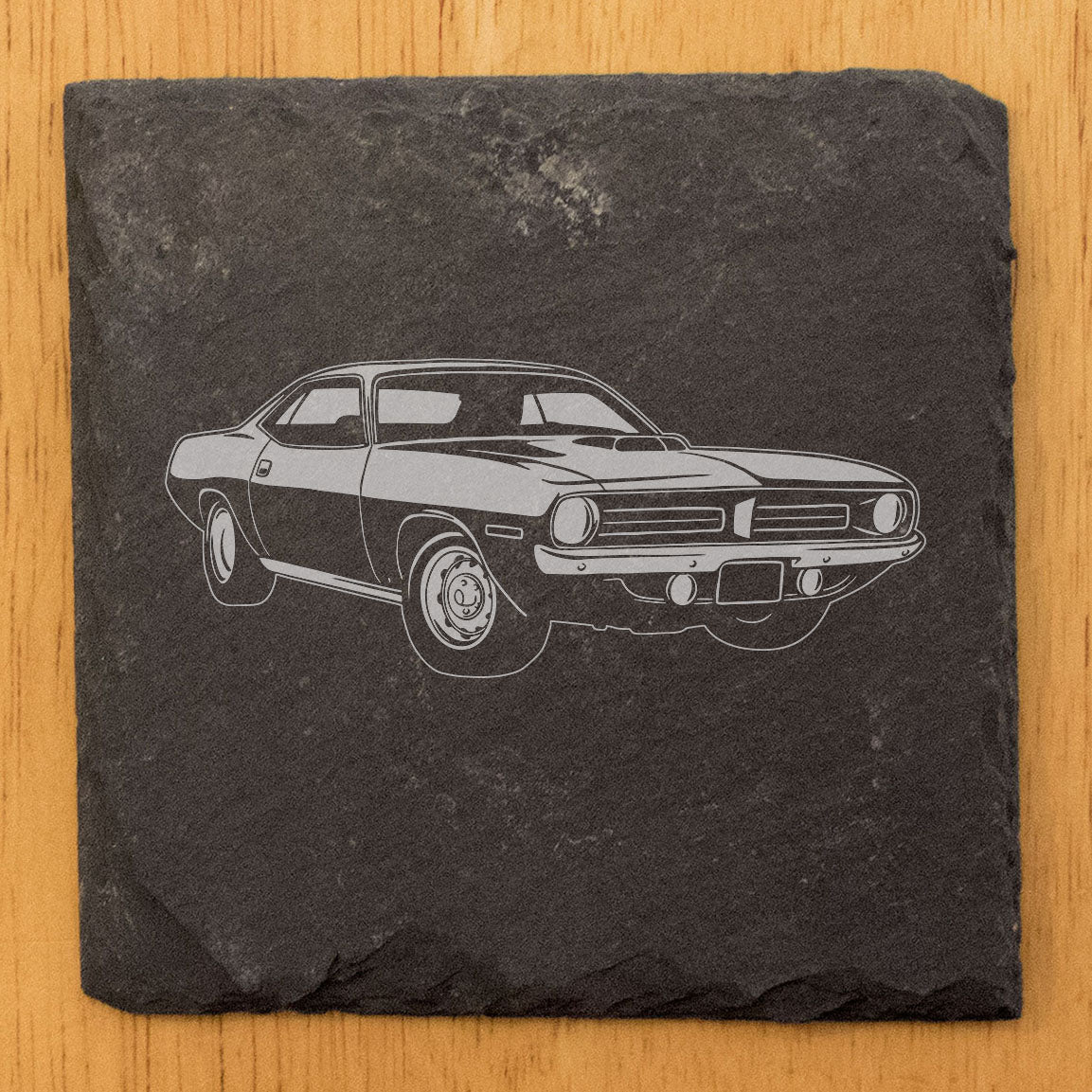 1970 Plymouth Barracuda Hemi Design Rustic Gray Slate Coasters Set of 4 - Laser Etched All-Occasion Gifts for Holidays Birthdays Housewarming She-Shed Man Cave - Made in Oregon USA - Round or Square