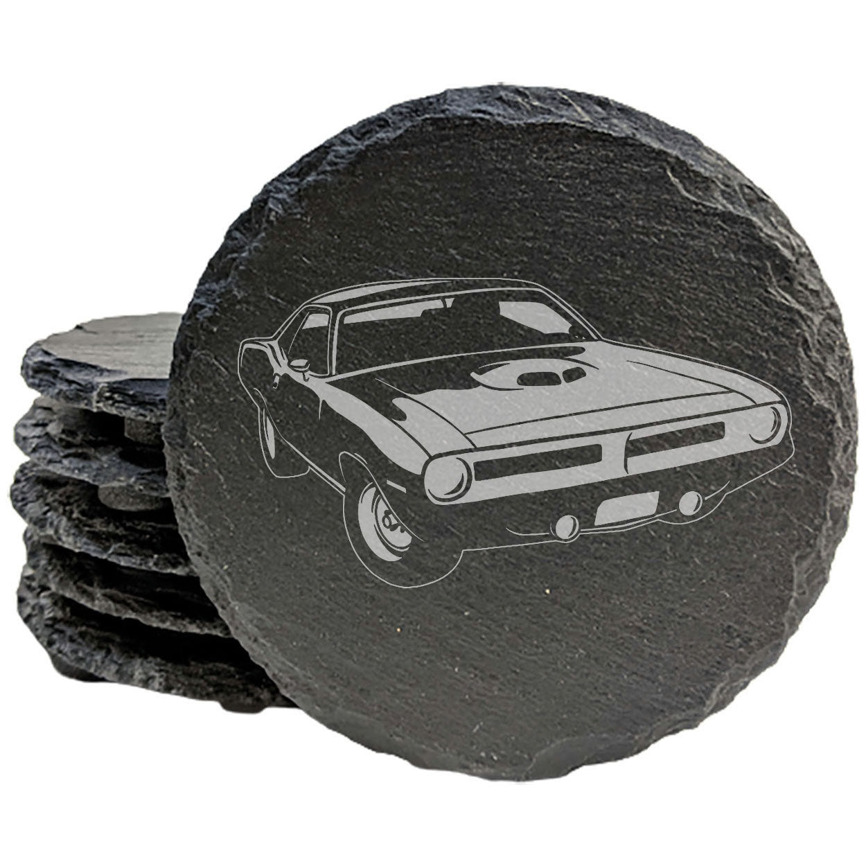 Rustic Slate Coasters Set | Laser-Etched 1970 Plymouth Hemi Cuda Design | Vintage Car Enthusiast Drink Mats